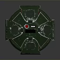 Futuristic Circular Metal Weapon Device With Multiple Protruding Parts And Red Blue Lights