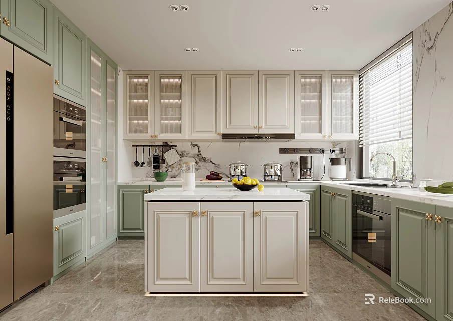 Modern Kitchen Interior with Light Green White Cabinets Island Countertop and Appliances 3d model 