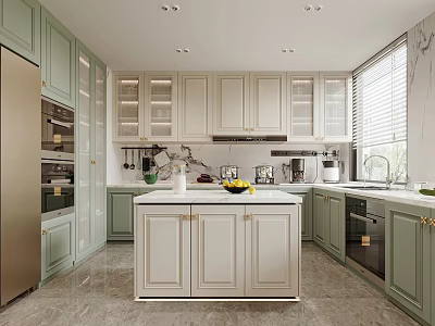 Modern Kitchen Interior with Light Green White Cabinets Island Countertop and Appliances 3d model