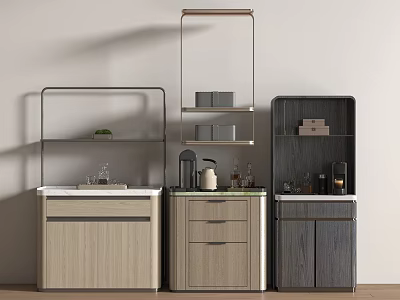 Modern Storage Cabinets With Open Shelves Closed Doors Decorative Items And Small Appliances 3d model