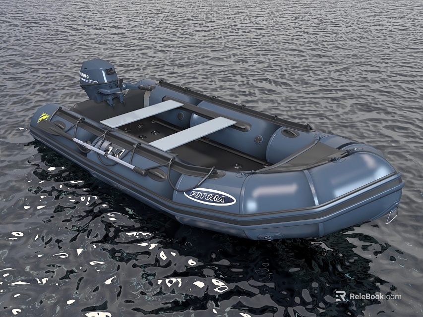 Inflatable Motor Boat With Black Deck Floating On Calm Water Surface 3d model 