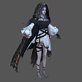 Woman With Dark Blue Hair In Hooded Black Cloak White Dress Puffy Sleeves Gothic Style