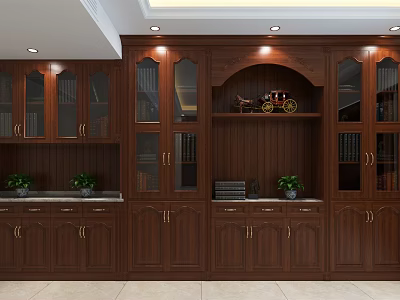 Elegant Dark Brown Wooden Wine Cabinet With Glass Doors Decorative Items And Green Plants 3d model