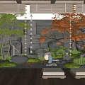 Zen Courtyard Garden With Red Maple Tree Stone Lanterns Rock Formations And Wooden Flooring