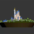 Cartoon Scenic Island With Majestic Castle Blue River Small Houses And Lush Trees