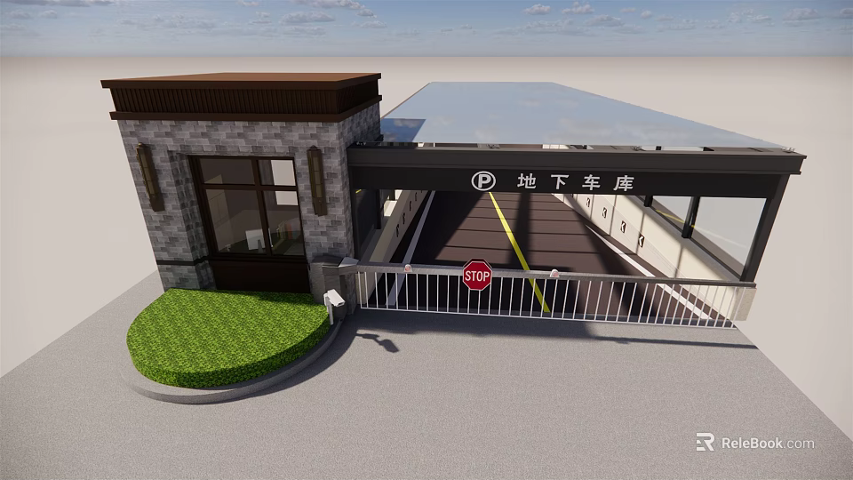 Underground Garage Entrance With Stone Structure Green Lawn And Driveway Sign 3d model 