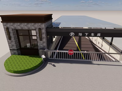 Underground Garage Entrance With Stone Structure Green Lawn And Driveway Sign 3d model