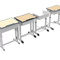 Multiple Student Classroom Desks With Wheels Wooden Tabletops And Metal Frames 3d model