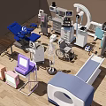 Medical Equipment Assortment Featuring Examination Tables X-ray Machines Wheelchairs Skeleton Models And Monitors