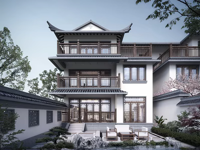 Chinese Style Detached Villa With Traditional Eaves Two Story Courtyard Wooden Railings And Stone Greenery 3d model