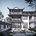 Chinese Style Detached Villa With Traditional Eaves Two Story Courtyard Wooden Railings And Stone Greenery