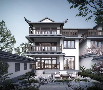 Chinese Style Detached Villa With Traditional Eaves Two Story Courtyard Wooden Railings And Stone Greenery 3d model