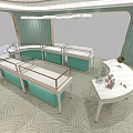 Modern Jewelry Store Interior With Circular Display Counters Light Green Walls And Chandeliers