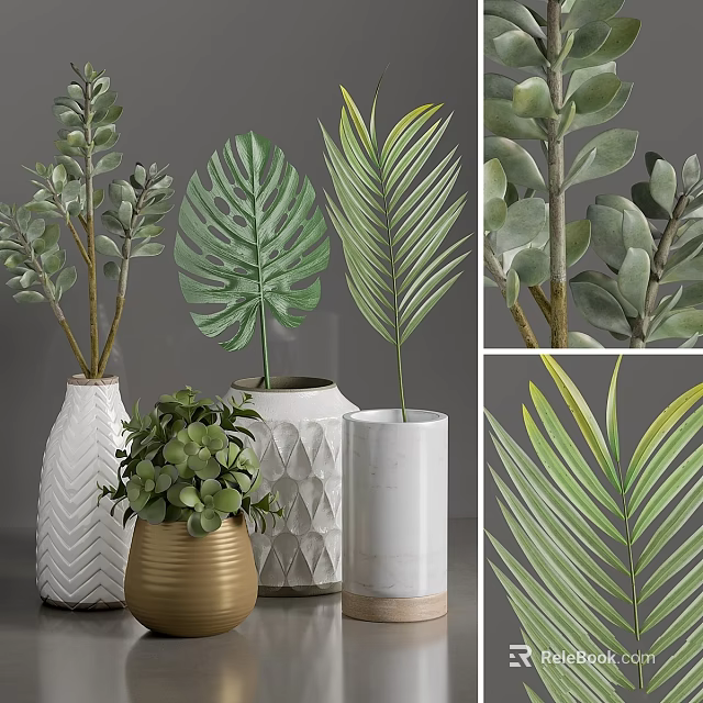 Modern Decorative Ornament Set With Monstera Palm Leaves And Geometric Ceramic Vases 3d model 