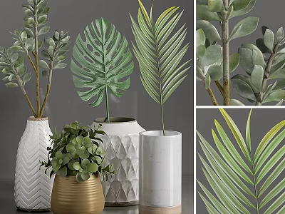 Modern Decorative Ornament Set With Monstera Palm Leaves And Geometric Ceramic Vases 3d model