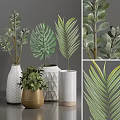 Modern Decorative Ornament Set With Monstera Palm Leaves And Geometric Ceramic Vases