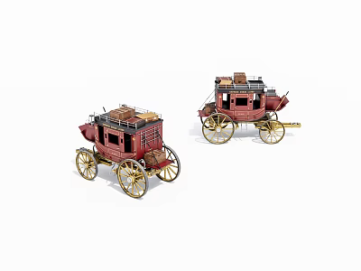 Detailed Vintage Red Carriage Models with Golden Wheels and Luggage on Top 3d model