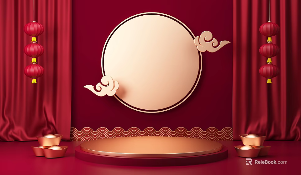 Traditional Chinese Red Display Platform With Circular Frame Cloud Patterns And Red Lanterns 3d model