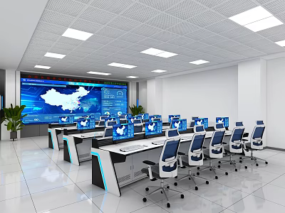 Modern Control Room Interior With Multiple Computer Workstations And Large Digital Display Screen 3d model