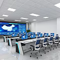 Modern Control Room Interior With Multiple Computer Workstations And Large Digital Display Screen 3d model