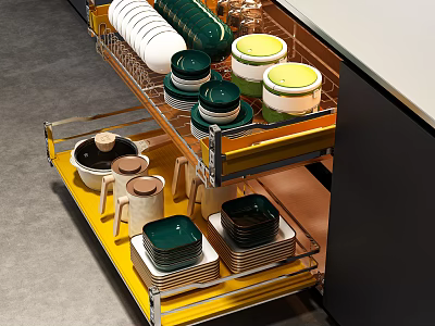 Organized Modern Kitchenware Storage Drawer With Colored Plates Bowls And Jars 3d model