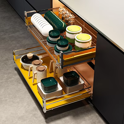 Organized Modern Kitchenware Storage Drawer With Colored Plates Bowls And Jars 3d model