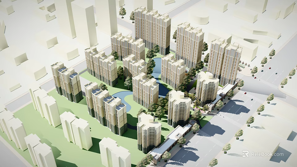Modern Urban Residential Complex With High Rise Buildings And Lush Greenery 3d model 