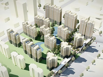 Modern Urban Residential Complex With High Rise Buildings And Lush Greenery 3d model