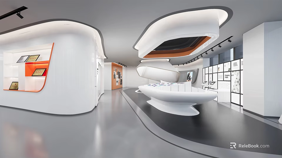 Modern Exhibition Hall Interior Design With Curved White Podium Lighting And Glass Display Cases 3d model 
