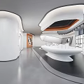 Modern Exhibition Hall Interior Design With Curved White Podium Lighting And Glass Display Cases