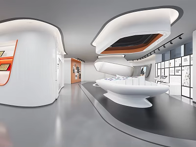 Modern Exhibition Hall Interior Design With Curved White Podium Lighting And Glass Display Cases 3d model