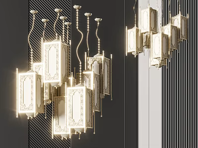 Elegant Modern Chandeliers With Square Shades And Intricate Patterns In Interior Space 3d model