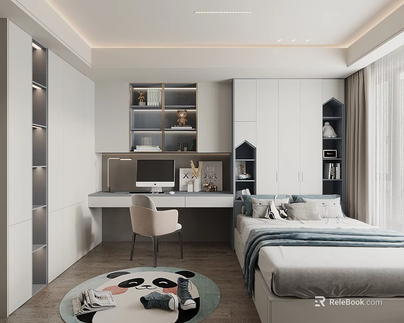 Modern Tatami Bedroom Interior Design With Desk Chair Bookshelf Wardrobe And Curtains 3d model 
