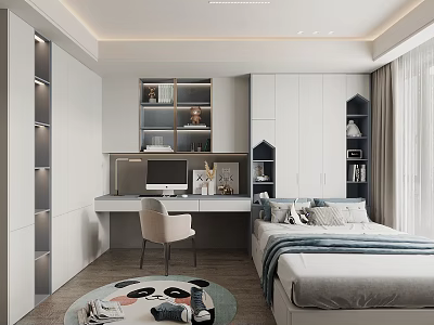 Modern Tatami Bedroom Interior Design With Desk Chair Bookshelf Wardrobe And Curtains 3d model