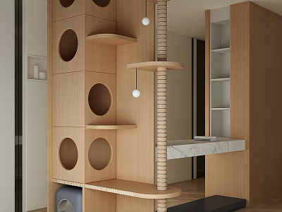 Modern Wooden Multifunctional Shelf Unit With Circular Holes Layered Shelves And Marble Countertop 3d model