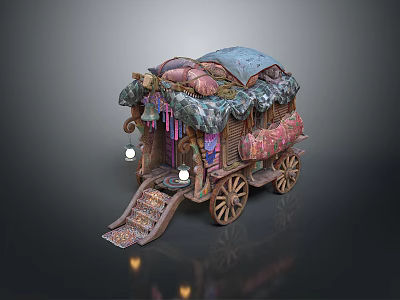 Ornate Decorative Wagon With Colorful Fabrics Wooden Wheels Steps And Hanging Lanterns 3d model