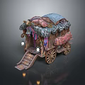 Ornate Decorative Wagon With Colorful Fabrics Wooden Wheels Steps And Hanging Lanterns
