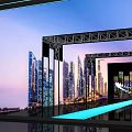 Modern Photo Spot With Metal Archway Frames City Skyline Backdrop And Blue Illuminated Floor