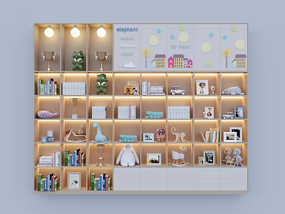 Kids Bookcase With Elephant Design Trophies Stuffed Toys Books Photo Frames And Lighting 3d model