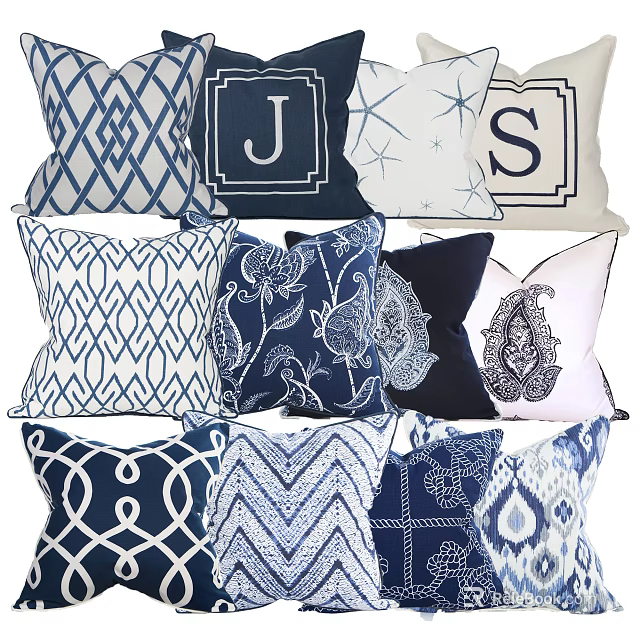 Blue and White Decorative Throw Pillows with Geometric Floral Paisley and Letter Designs 3d model 