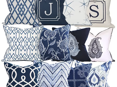 Blue and White Decorative Throw Pillows with Geometric Floral Paisley and Letter Designs 3d model