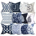 Blue and White Decorative Throw Pillows with Geometric Floral Paisley and Letter Designs