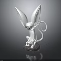 White Sculpture With Large Ears Big Eyes And Curled Tail Sitting On Stone Base