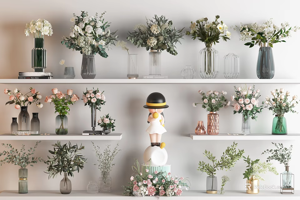 Various Vases With Flowers On Shelves For Home Decor 3d model 