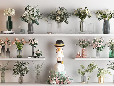 Various Vases With Flowers On Shelves For Home Decor 3d model