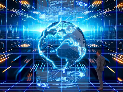 Futuristic Digital Globe Visualization With Blue Tech Lines And Standing Man 3d model