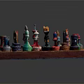 Colorful Decorative Chessboard With Diverse Shaped Pieces On Wooden Board