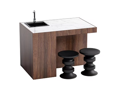 Stylish Wooden Bar Counter With Marble Top Sink And Black Stools 3d model