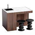 Stylish Wooden Bar Counter With Marble Top Sink And Black Stools