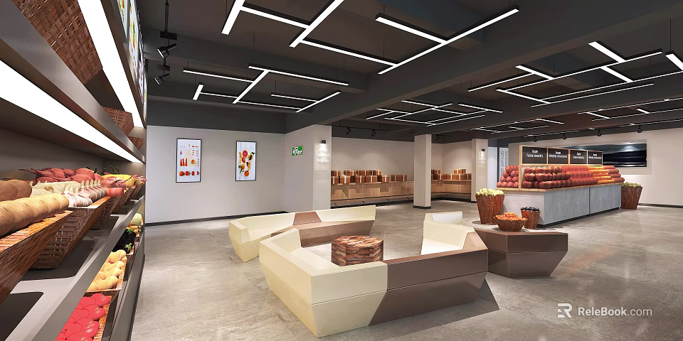Modern Fruit Store Interior With Bright Lighting Fresh Fruit Displays And Comfortable Seating 3d model